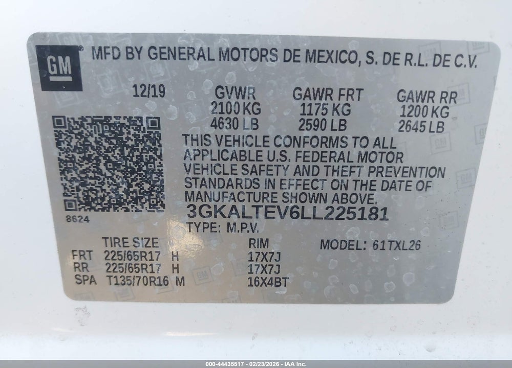 2020 GMC TERRAIN SLE VIN: 3GKALTEV6LL225181