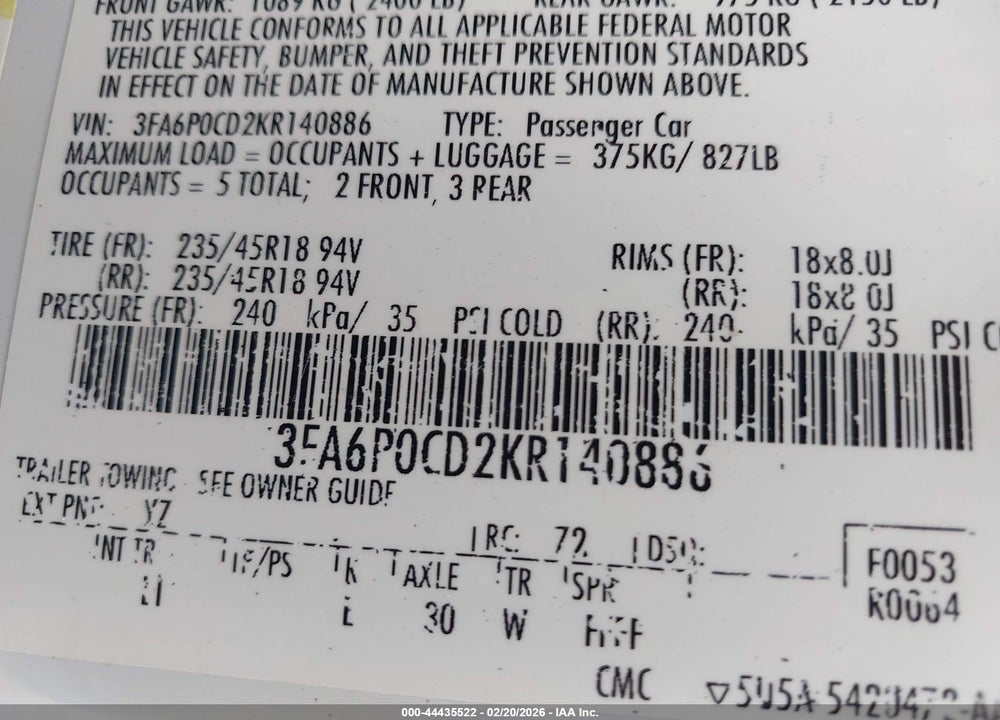 2019 FORD FUSION SEL VIN: 3FA6P0CD2KR140886