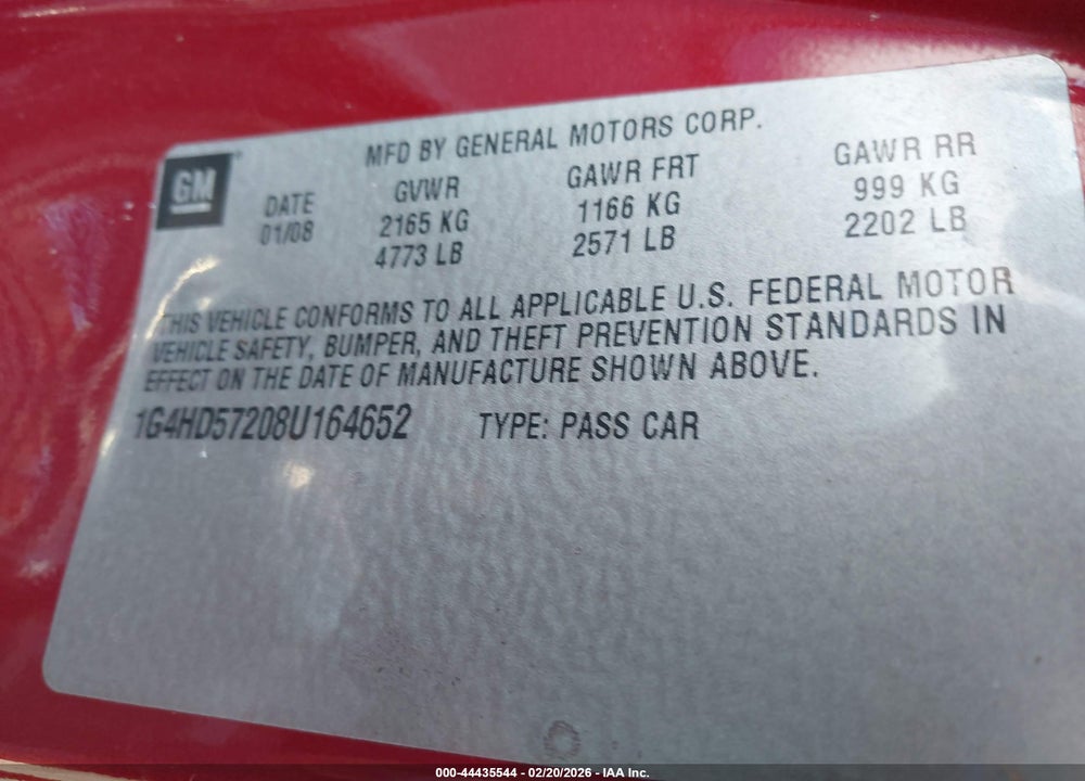 2008 BUICK LUCERNE CXL VIN: 1G4HD57208U164652