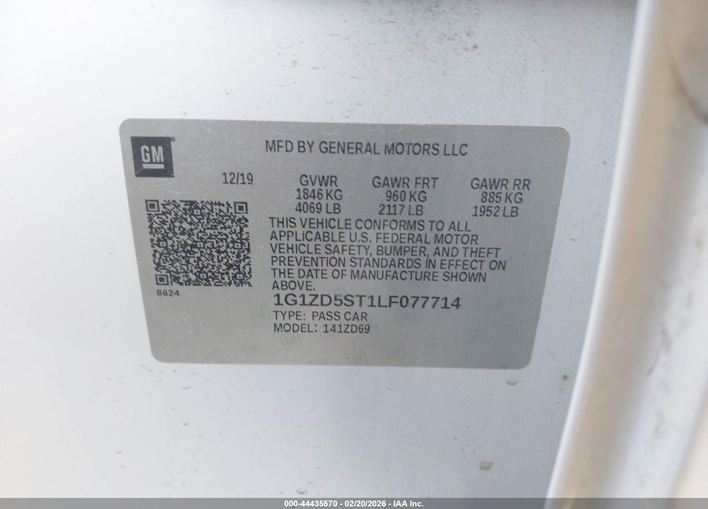 2020 CHEVROLET MALIBU FWD LT VIN: 1G1ZD5ST1LF077714