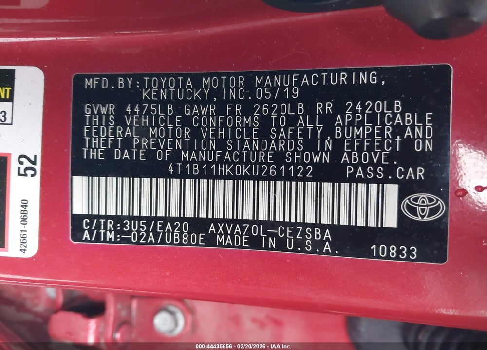 2019 TOYOTA CAMRY SE VIN: 4T1B11HK0KU261122