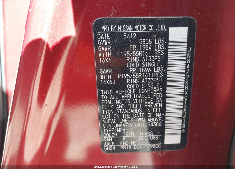 2012 NISSAN CUBE 1.8 SL VIN: JN8AZ2KRXCT254386