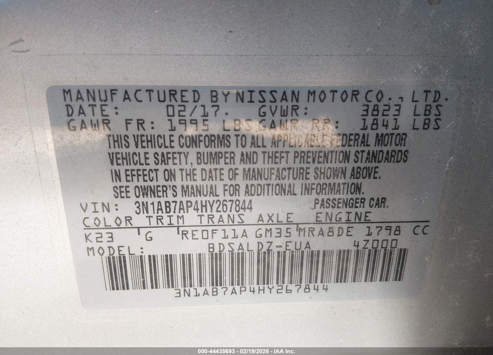 2017 NISSAN SENTRA SV VIN: 3N1AB7AP4HY267844