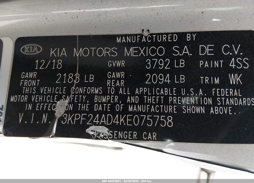 2019 KIA FORTE LXS VIN: 3KPF24AD4KE075758