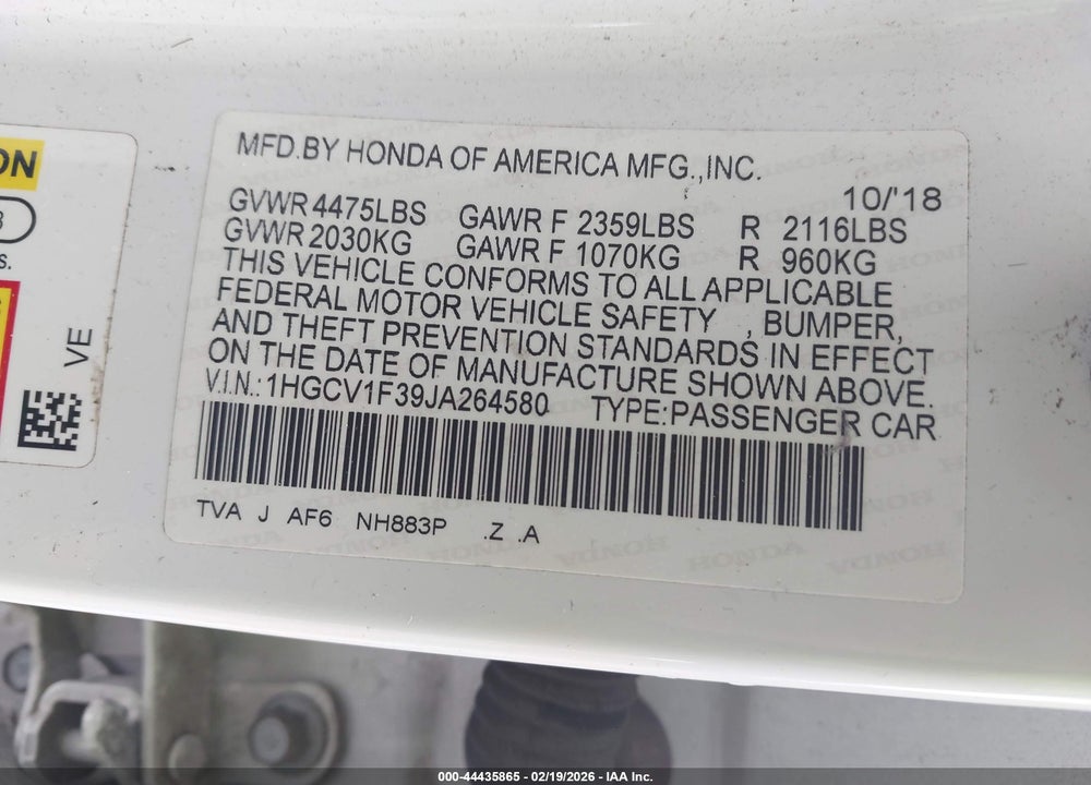 2018 HONDA ACCORD SPORT VIN: 1HGCV1F39JA264580