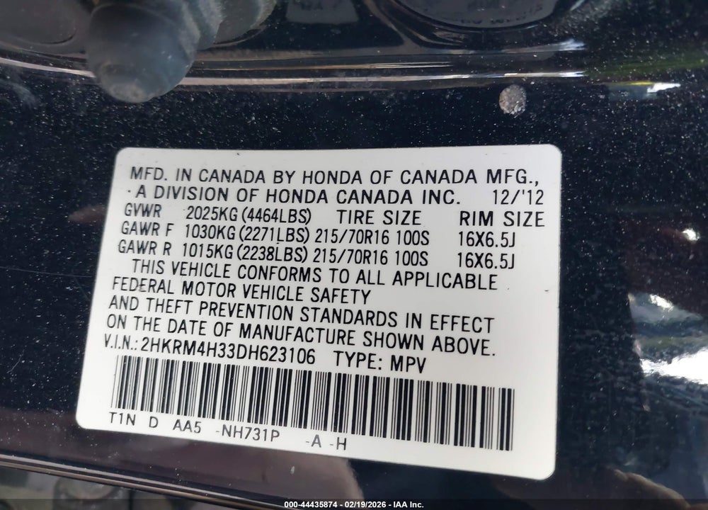 2013 HONDA CR-V LX VIN: 2HKRM4H33DH623106