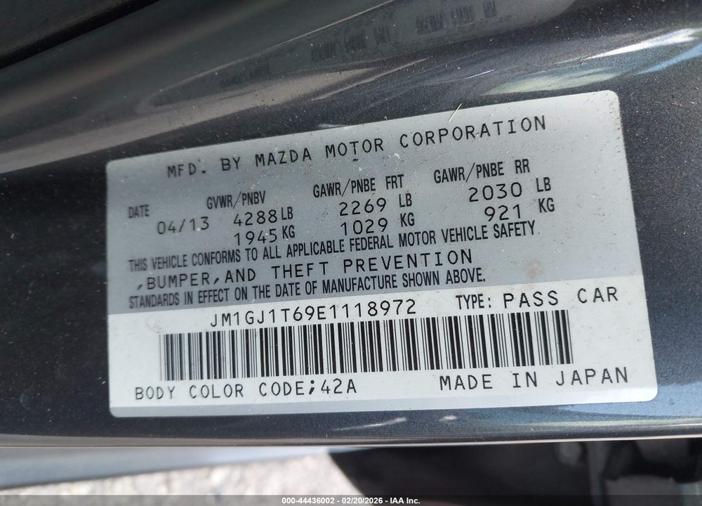 2014 MAZDA 6 I TOURING VIN: JM1GJ1T69E1118972