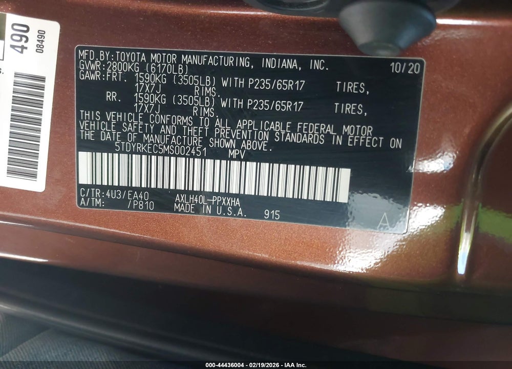 2021 TOYOTA SIENNA XLE VIN: 5TDYRKEC5MS002451