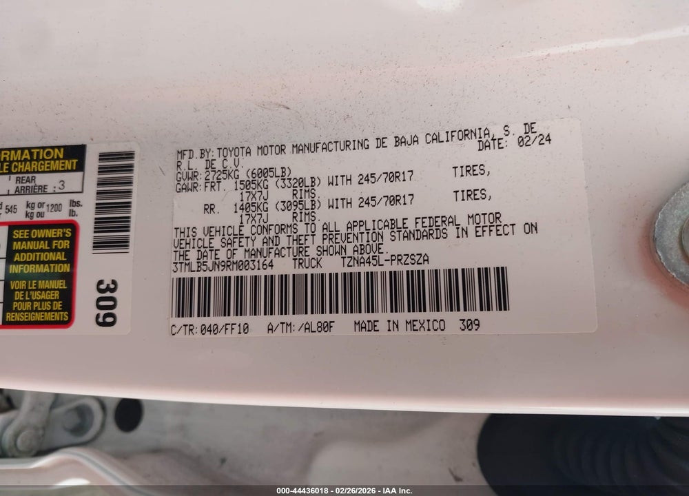 2024 TOYOTA TACOMA SR5 VIN: 3TMLB5JN9RM003164