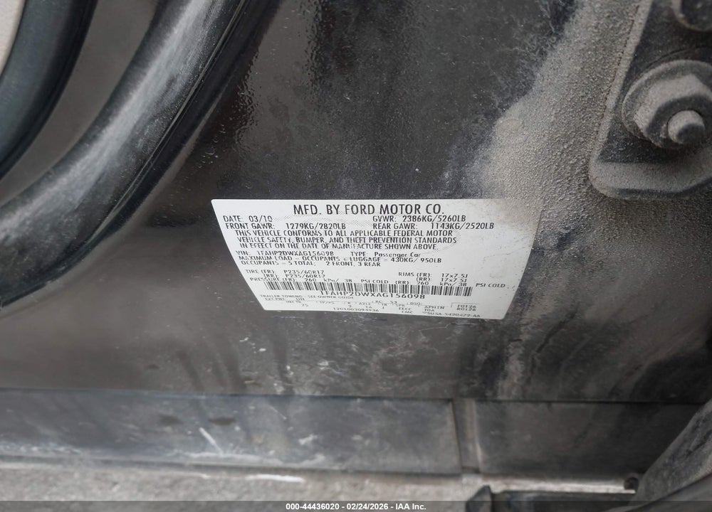 2010 FORD TAURUS SE VIN: 1FAHP2DWXAG156098