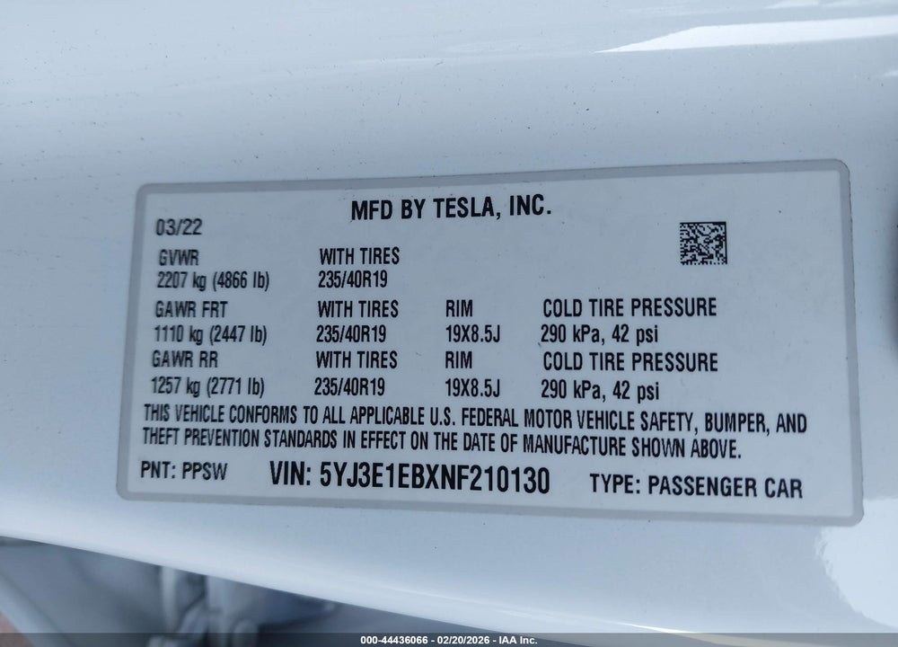 2022 TESLA MODEL 3 LONG RANGE DUAL MOTOR ALL-WHEEL DRIVE VIN: 5YJ3E1EBXNF210130