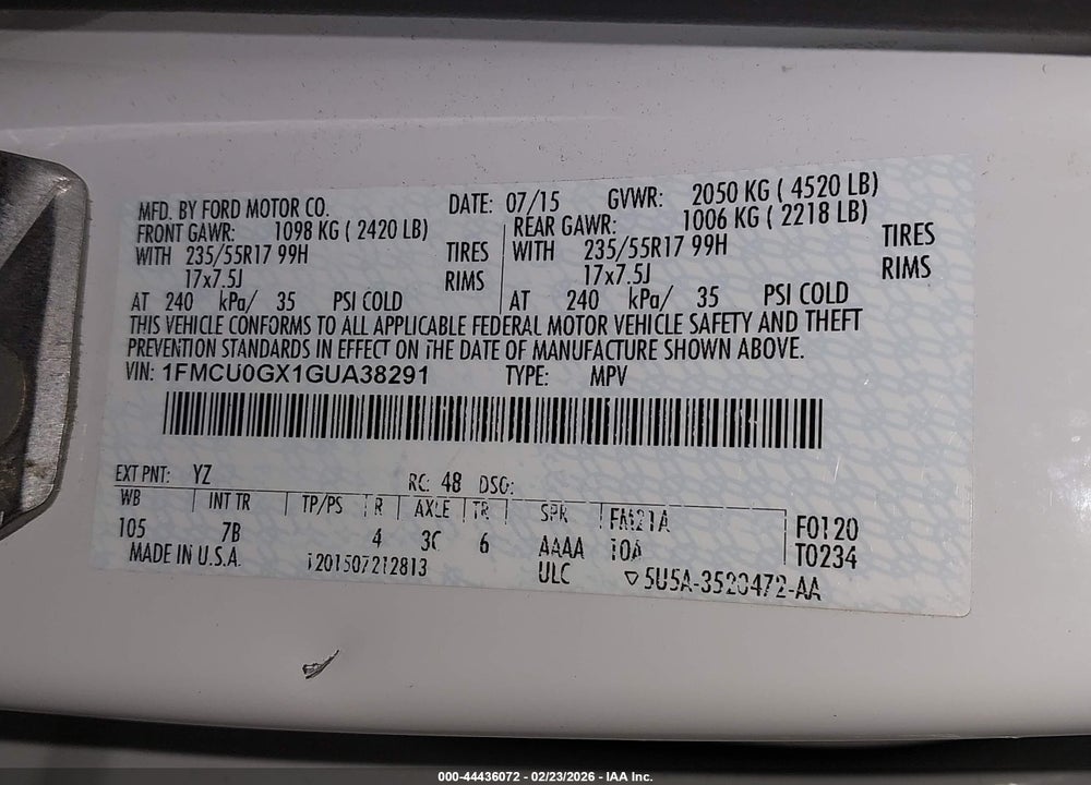 2016 FORD ESCAPE SE VIN: 1FMCU0GX1GUA38291