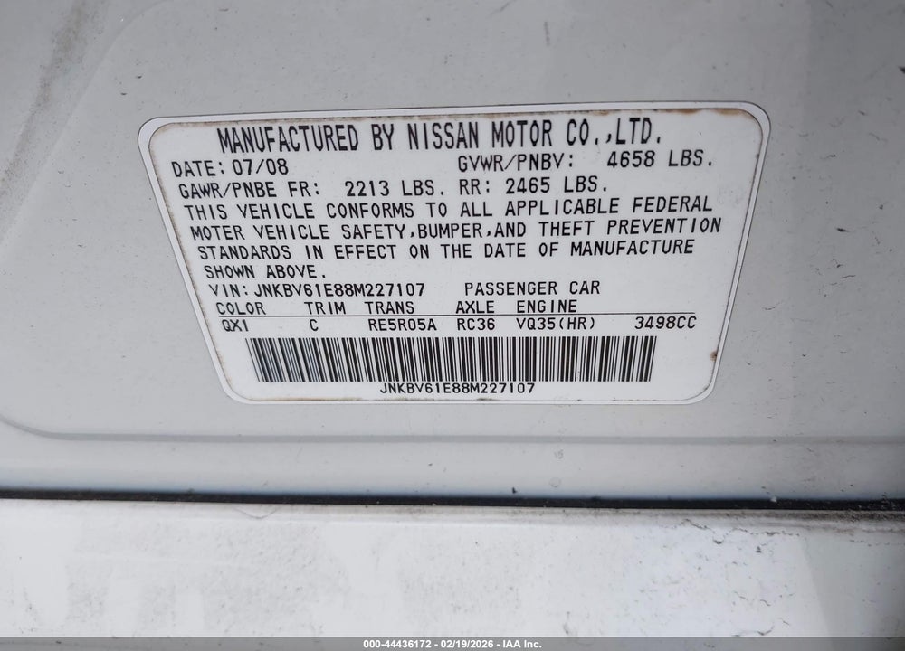 2008 INFINITI G35 JOURNEY VIN: JNKBV61E88M227107