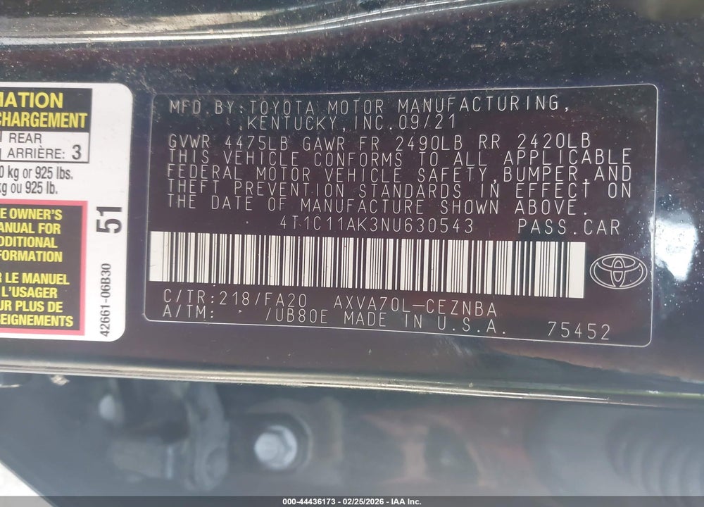 2022 TOYOTA CAMRY LE VIN: 4T1C11AK3NU630543