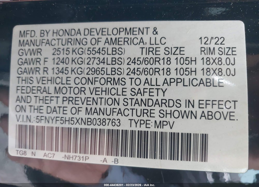 2022 HONDA PILOT 2WD EX-L VIN: 5FNYF5H5XNB038763