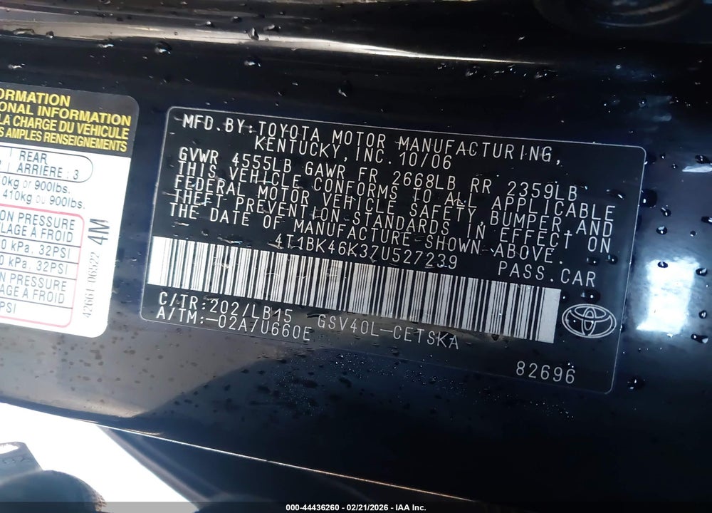 2007 TOYOTA CAMRY SE V6 VIN: 4T1BK46K37U527239