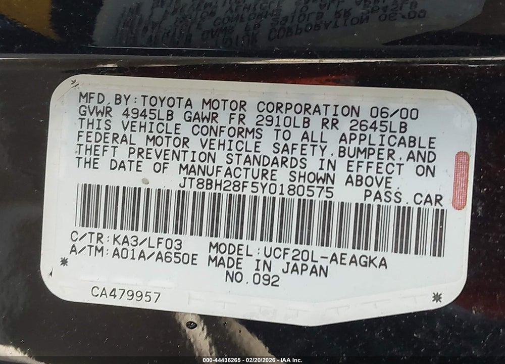 2000 LEXUS LS 400 VIN: JT8BH28F5Y0180575
