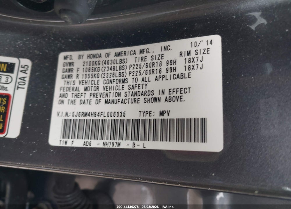 2015 HONDA CR-V TOURING VIN: 5J6RM4H94FL006035