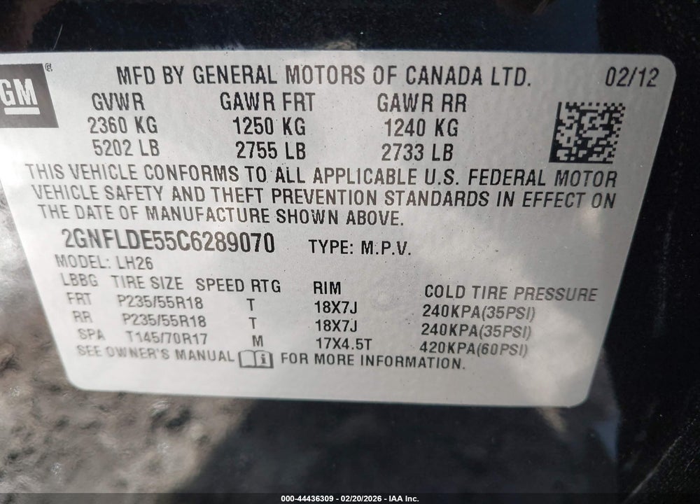 2012 CHEVROLET EQUINOX 1LT VIN: 2GNFLDE55C6289070