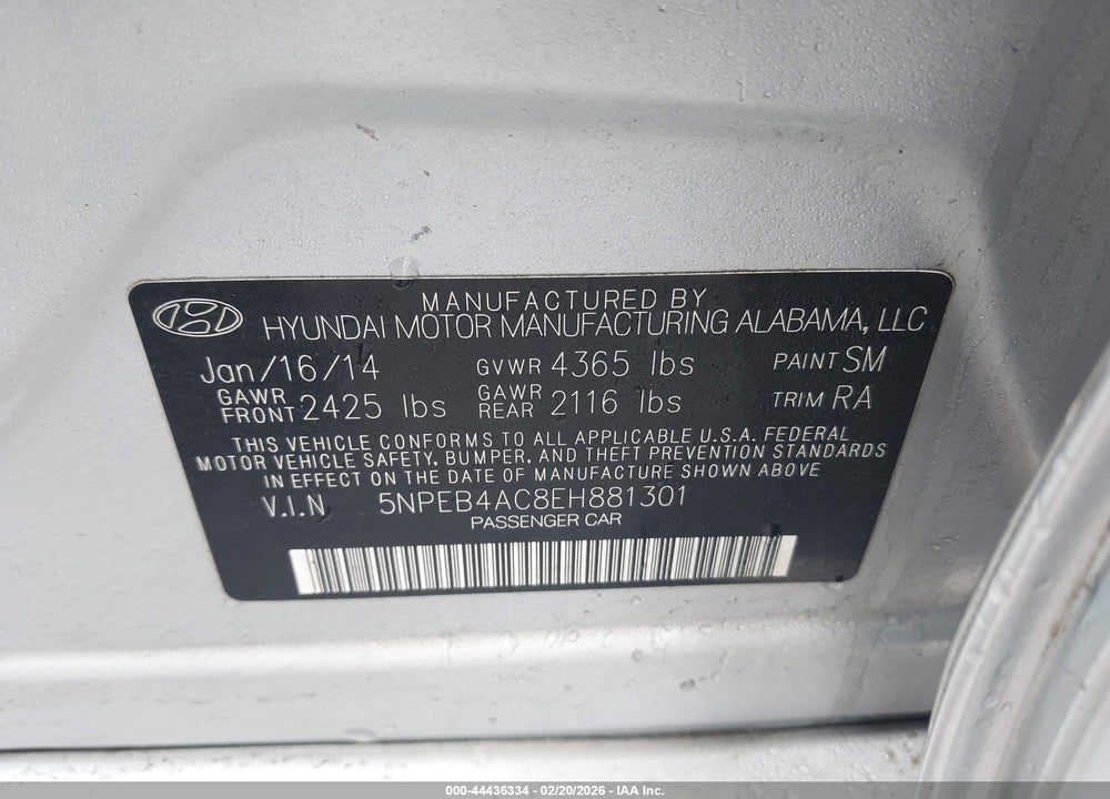 2014 HYUNDAI SONATA GLS VIN: 5NPEB4AC8EH881301