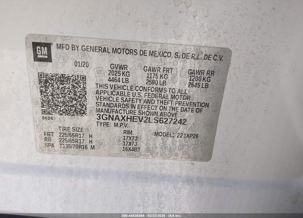 2020 CHEVROLET EQUINOX FWD LS VIN: 3GNAXHEV2LS627242