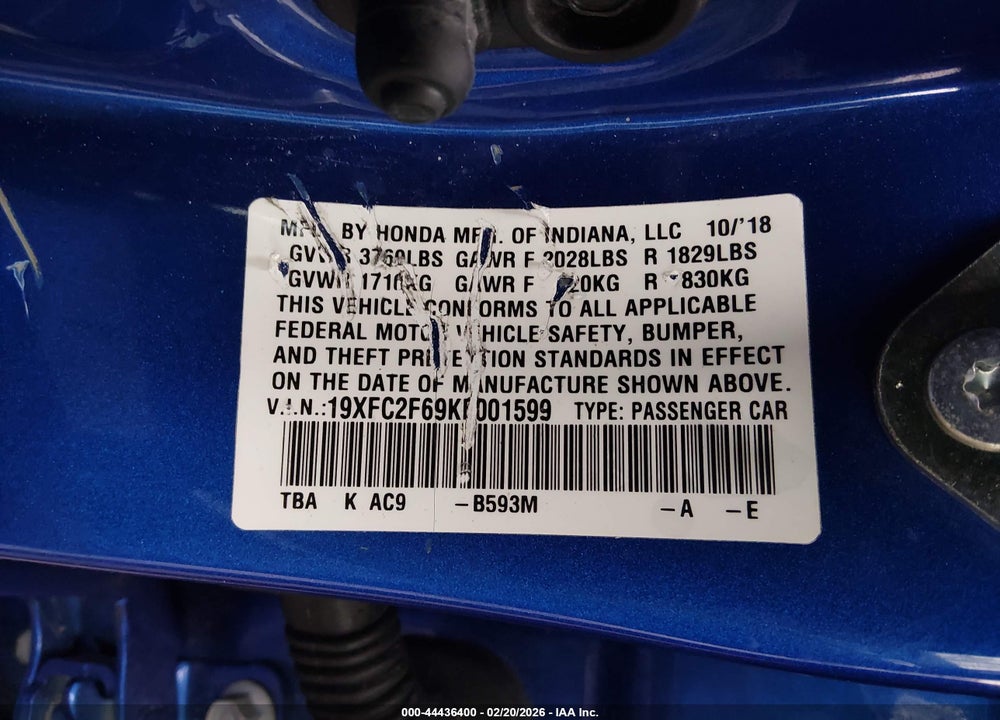 2019 HONDA CIVIC LX VIN: 19XFC2F69KE001599