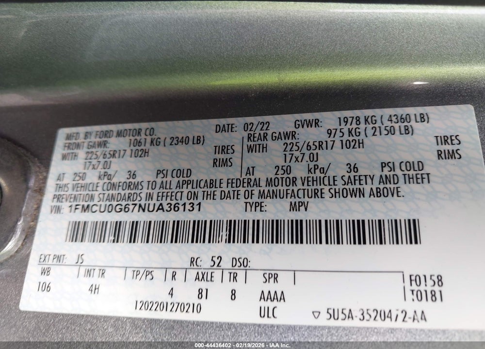 2022 FORD ESCAPE SE VIN: 1FMCU0G67NUA36131