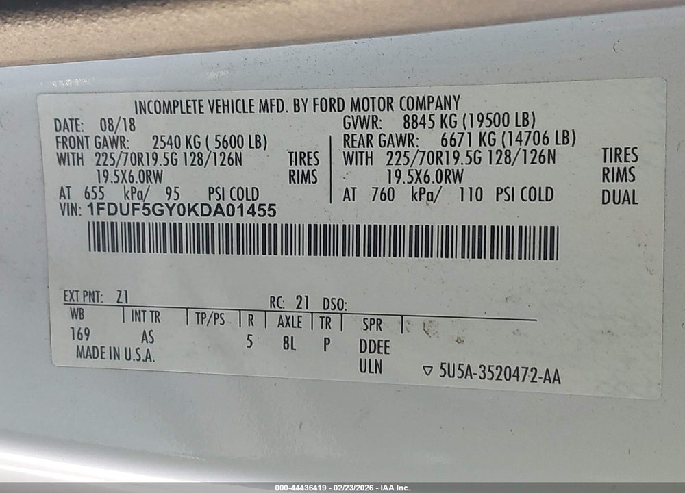 2019 FORD F-550 CHASSIS XL VIN: 1FDUF5GY0KDA01455