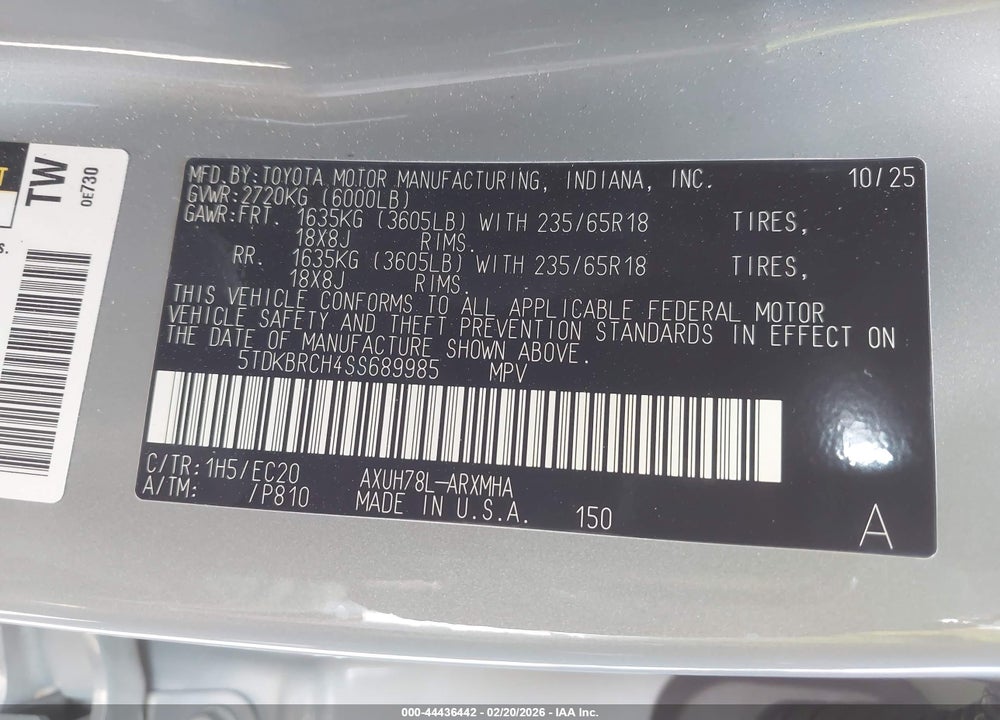 2025 TOYOTA HIGHLANDER HYBRID XLE NIGHTSHADE VIN: 5TDKBRCH4SS689985