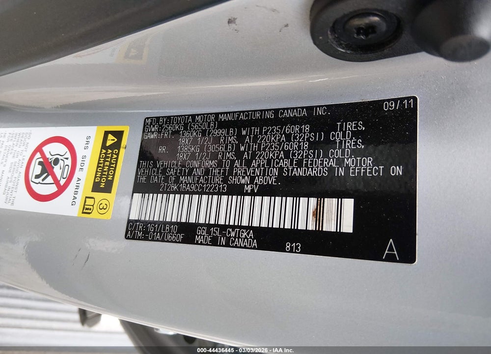2012 LEXUS RX 350 VIN: 2T2BK1BA9CC122313