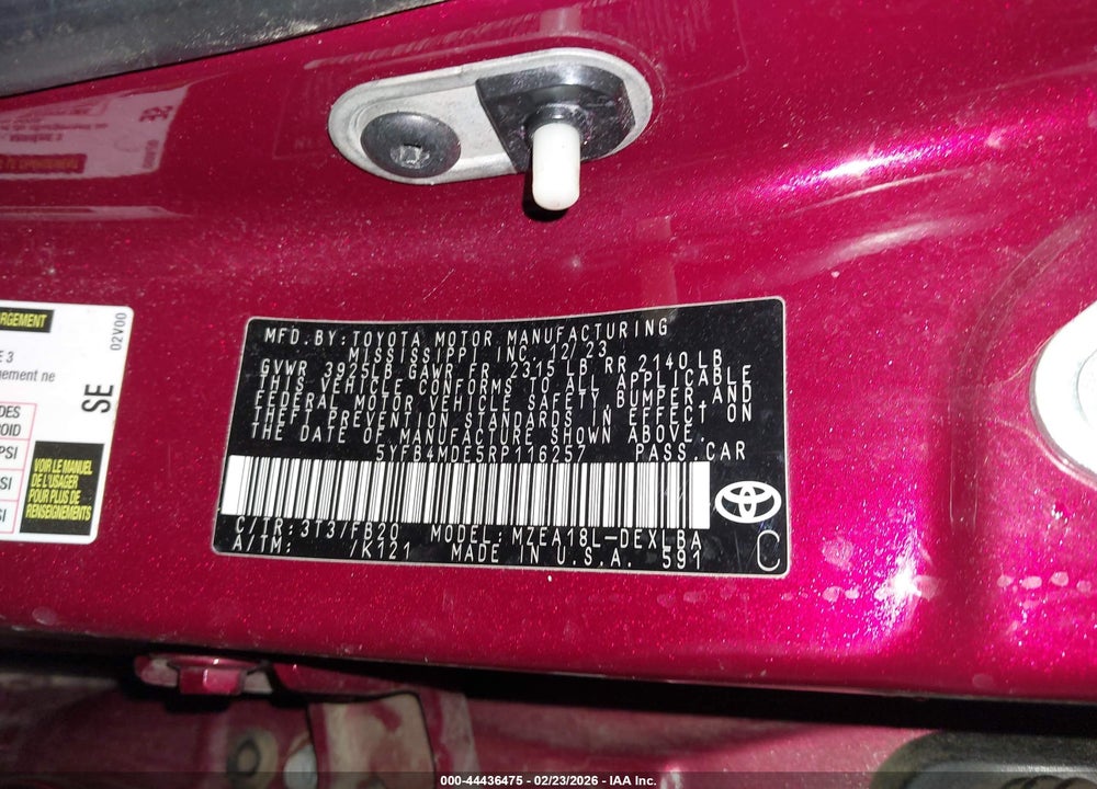 2024 TOYOTA COROLLA LE VIN: 5YFB4MDE5RP116257