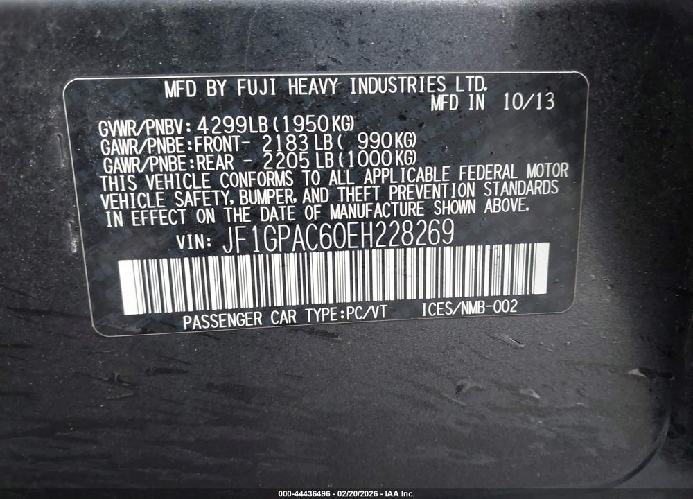 2014 SUBARU IMPREZA 2.0I PREMIUM VIN: JF1GPAC60EH228269