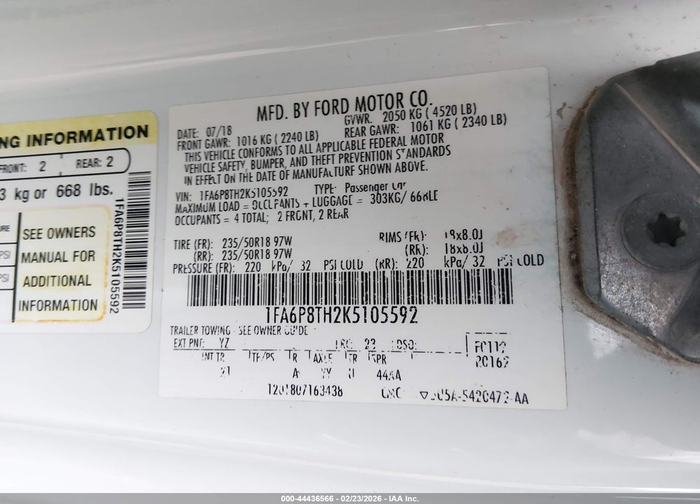 2019 FORD MUSTANG ECOBOOST VIN: 1FA6P8TH2K5105592