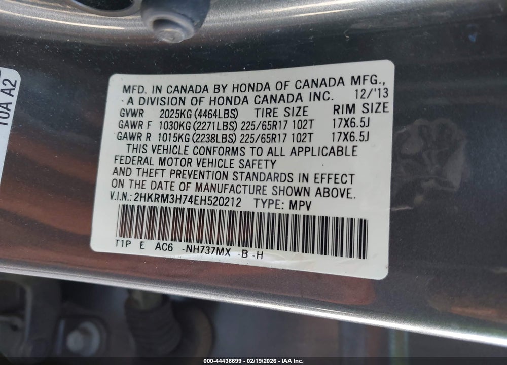 2014 HONDA CR-V EX-L VIN: 2HKRM3H74EH520212