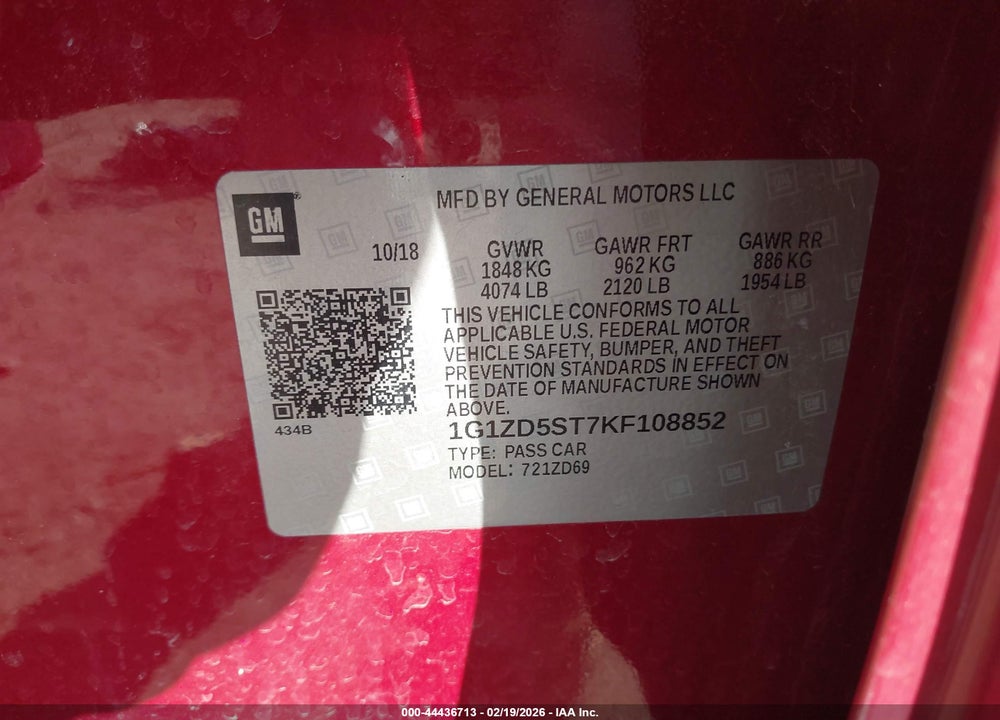 2019 CHEVROLET MALIBU LT VIN: 1G1ZD5ST7KF108852