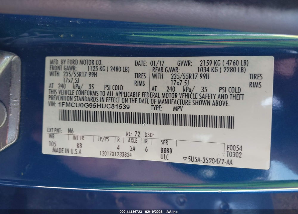 2017 FORD ESCAPE SE VIN: 1FMCU0G95HUC81539