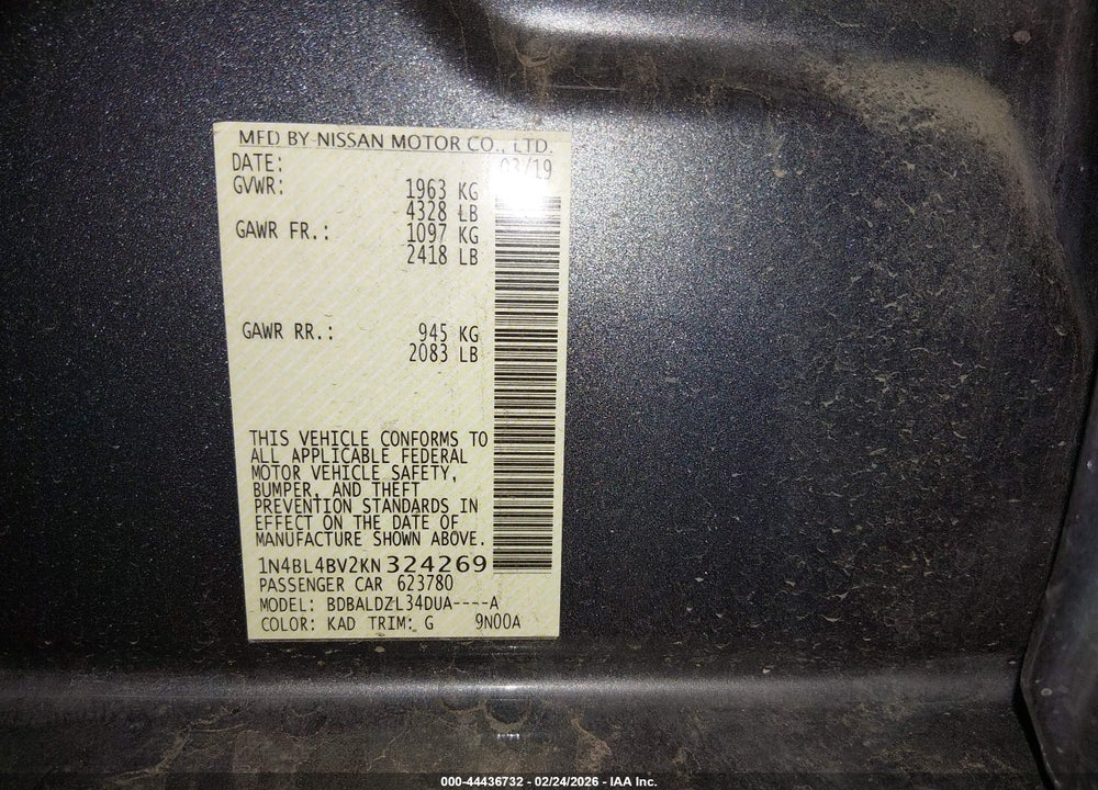 2019 NISSAN ALTIMA 2.5 S VIN: 1N4BL4BV2KN324269