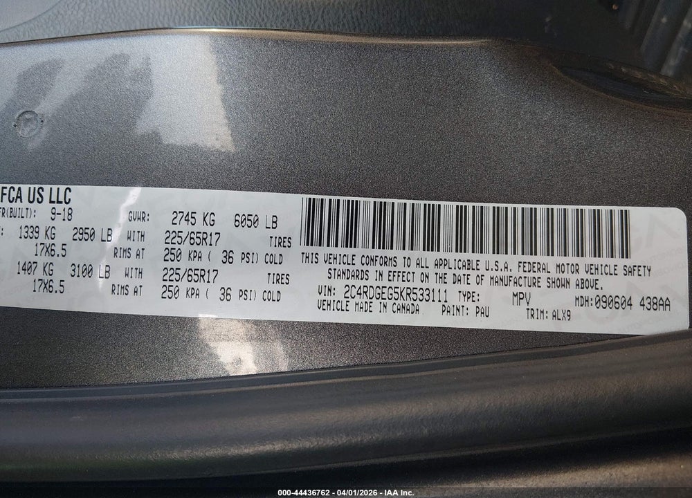 2019 DODGE GRAND CARAVAN GT VIN: 2C4RDGEG5KR533111