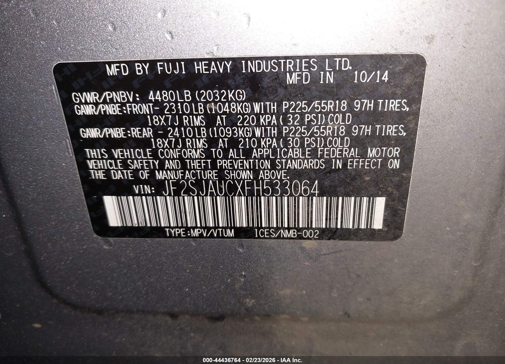 2015 SUBARU FORESTER 2.5I TOURING VIN: JF2SJAUCXFH533064