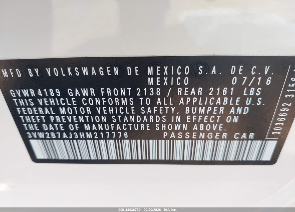 2017 VOLKSWAGEN JETTA 1.4T S VIN: 3VW2B7AJ3HM217776