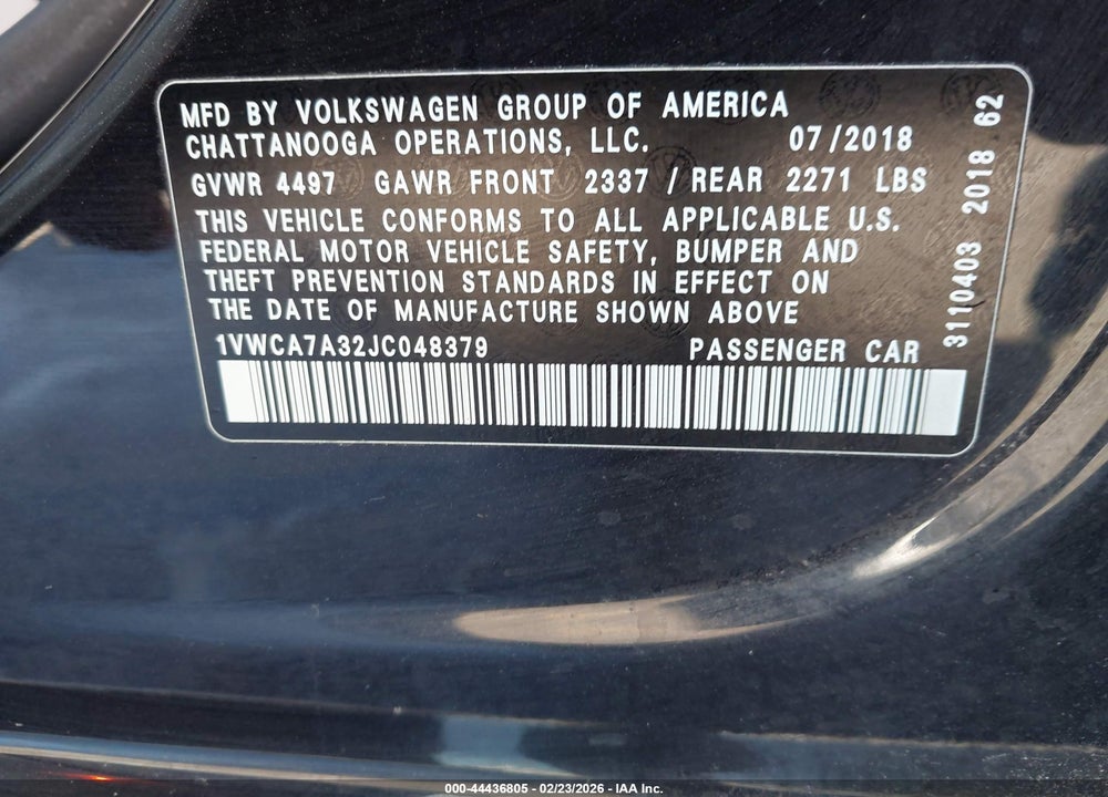 2018 VOLKSWAGEN PASSAT 2.0T SEL PREMIUM VIN: 1VWCA7A32JC048379