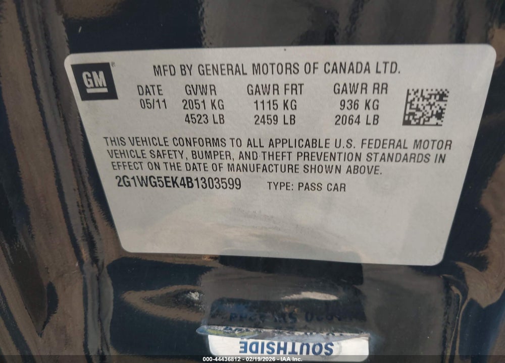 2011 CHEVROLET IMPALA LT VIN: 2G1WG5EK4B1303599
