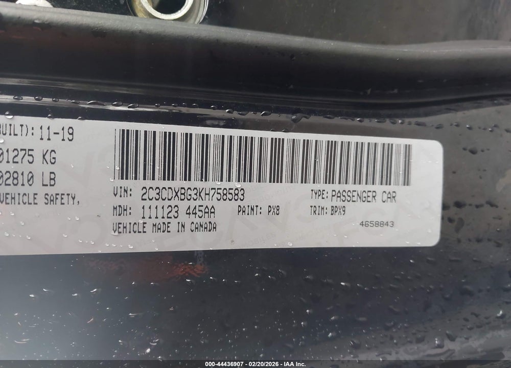 2019 DODGE CHARGER SXT RWD VIN: 2C3CDXBG3KH758583