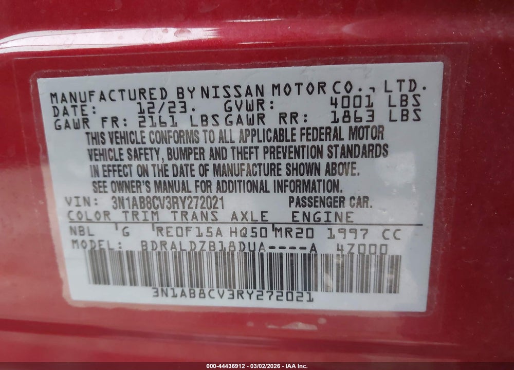 2024 NISSAN SENTRA SV XTRONIC CVT VIN: 3N1AB8CV3RY272021