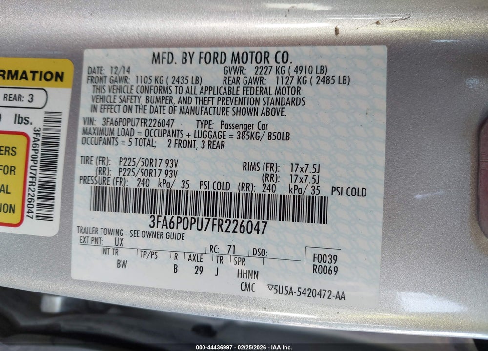 2015 FORD FUSION ENERGI SE LUXURY VIN: 3FA6P0PU7FR226047