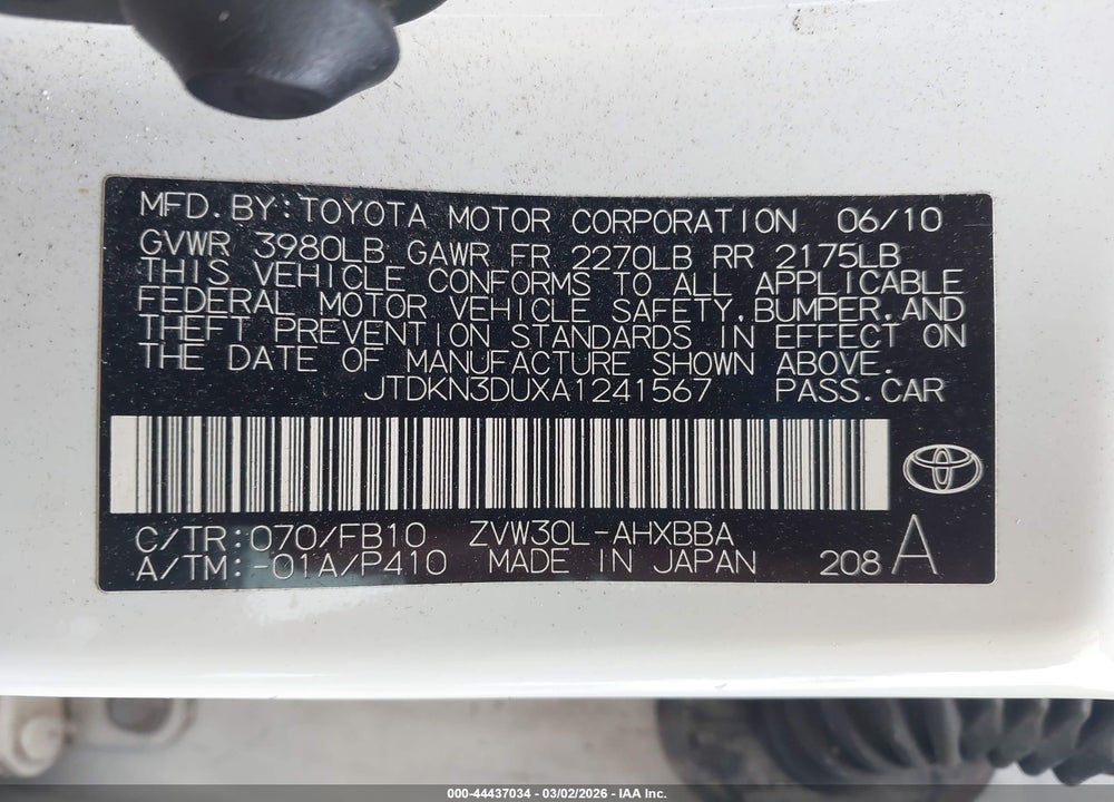 2010 TOYOTA PRIUS I/II/III/IV/V VIN: JTDKN3DUXA1241567