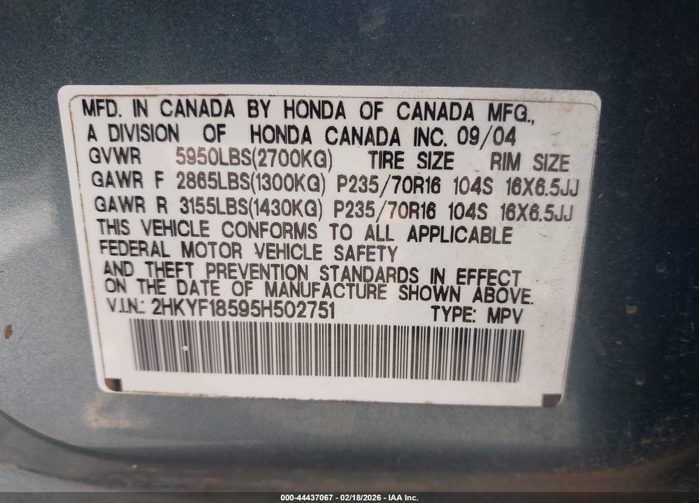 2005 HONDA PILOT EX-L VIN: 2HKYF18595H502751