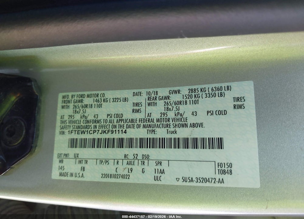 2018 FORD F-150 XLT VIN: 1FTEW1CP7JKF91114