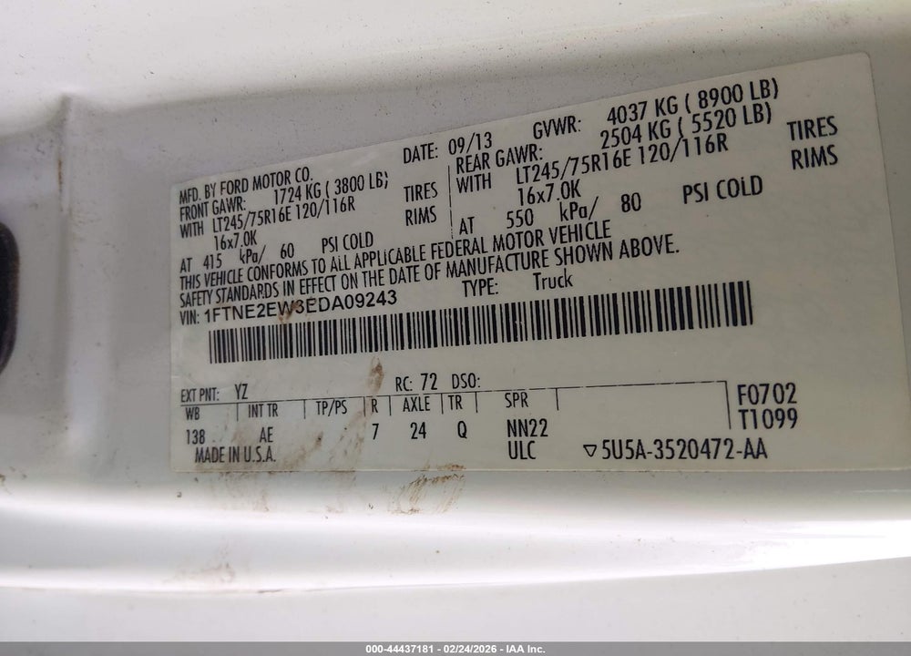 2014 FORD E-250 COMMERCIAL VIN: 1FTNE2EW3EDA09243