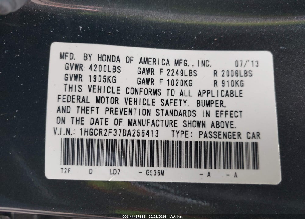 2013 HONDA ACCORD LX VIN: 1HGCR2F37DA256413